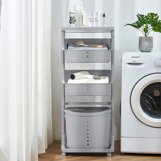 Grey 4 Tier Storage Rack Laundry Basket with Wheels