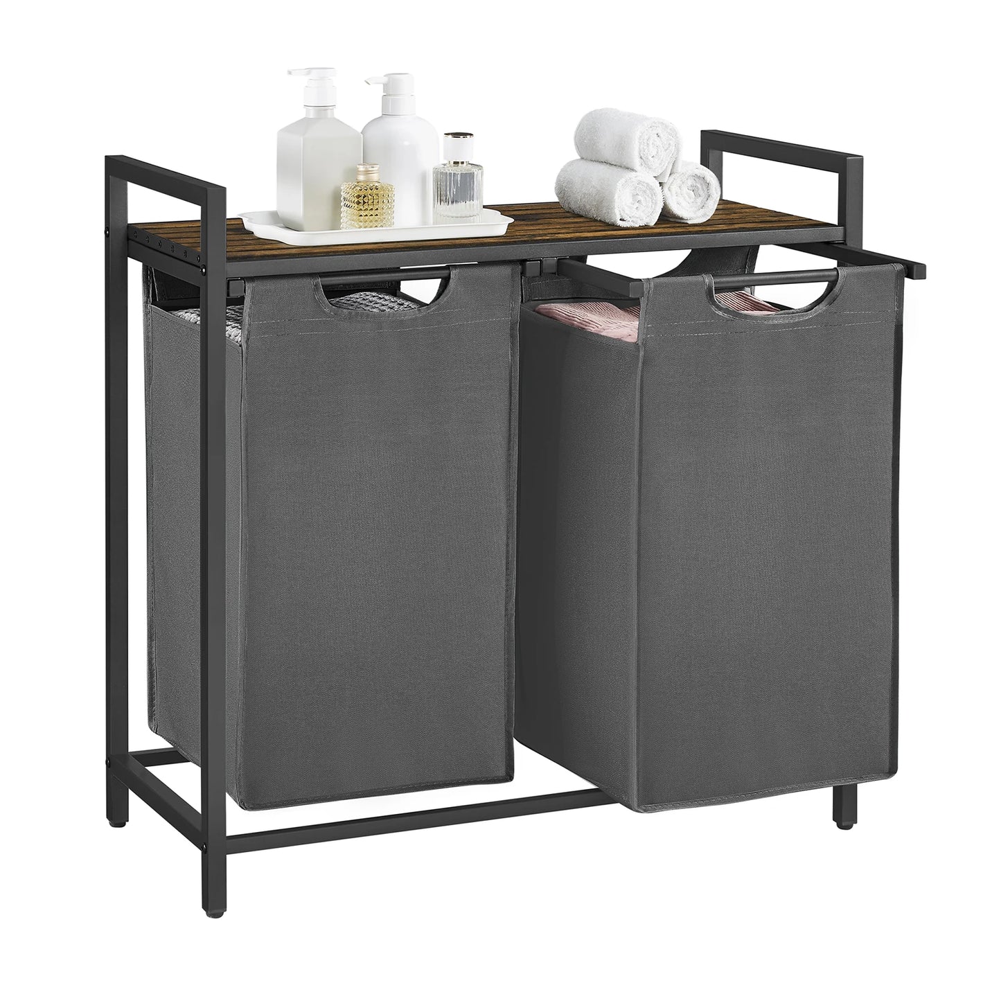 VASAGLE Laundry Basket, 2-Compartment, Pull-Out and Removable Laundry Bags,Metal Frame, 2 x 46L, 73 x 33 x 72 cm