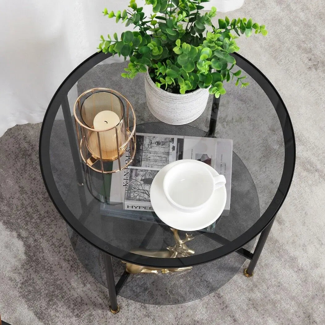 LUVODI Round Tempered Glass Coffee Table Living Room Sofa End Table with 2-tier Storage for Home, Office