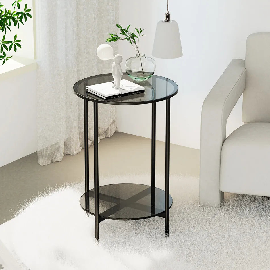 LUVODI Round Tempered Glass Coffee Table Living Room Sofa End Table with 2-tier Storage for Home, Office