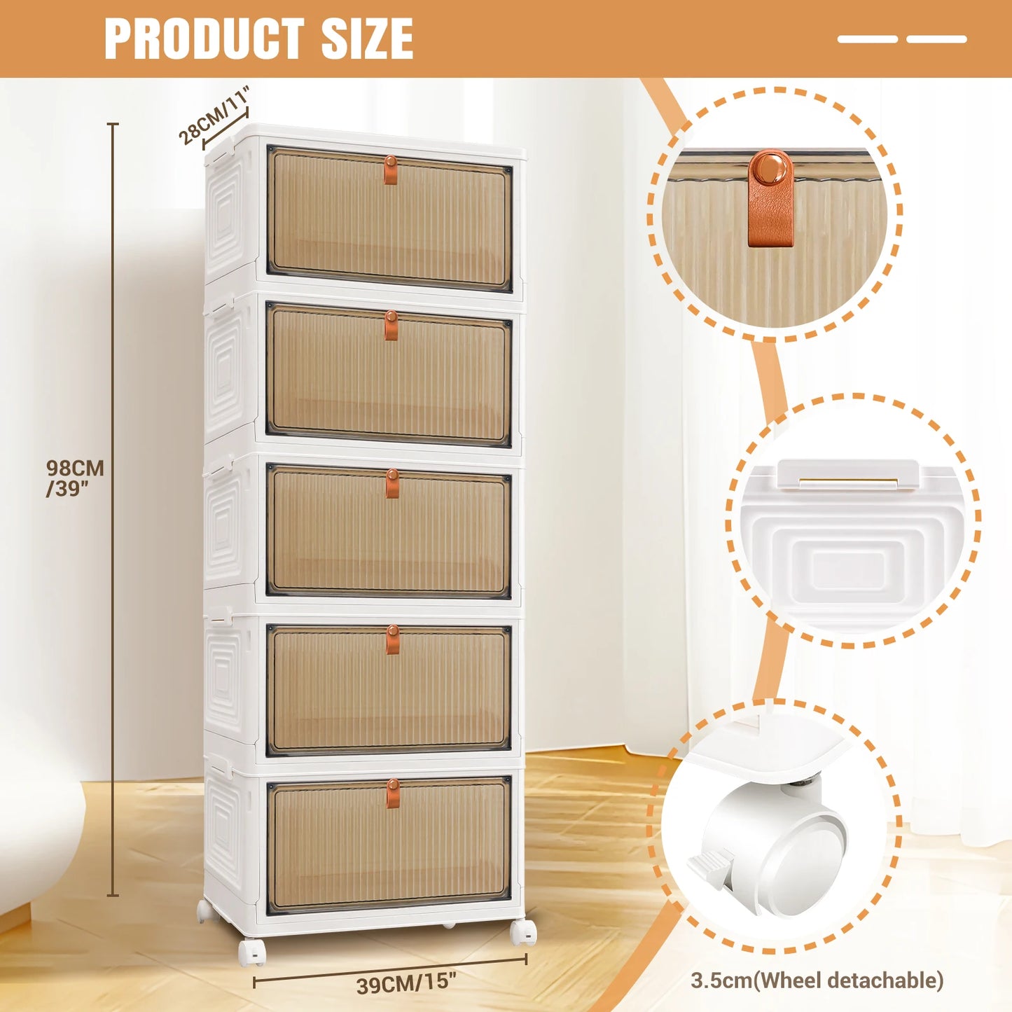 3/4/5 Tier Plastic Storage Boxes with Lid, Stackable Storage Boxes with Wheels for Bedroom Living Room Study Office