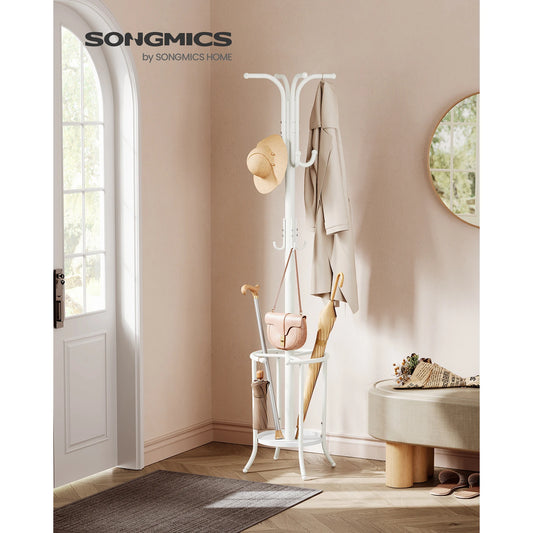 SONGMICS Coat Rack Freestanding, Coat Stand with Umbrella Holder, 12 Hooks, Metal, 175 cm Tall