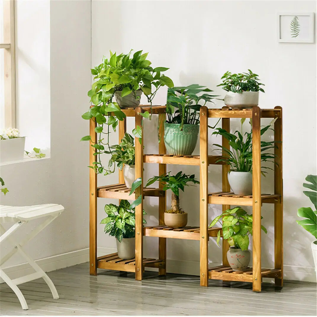 Multi-Tier Stylish Bamboo Plant Stand Indoor Outdoor 10 Pot Bonsai Flower Display Shelf Holder Rack