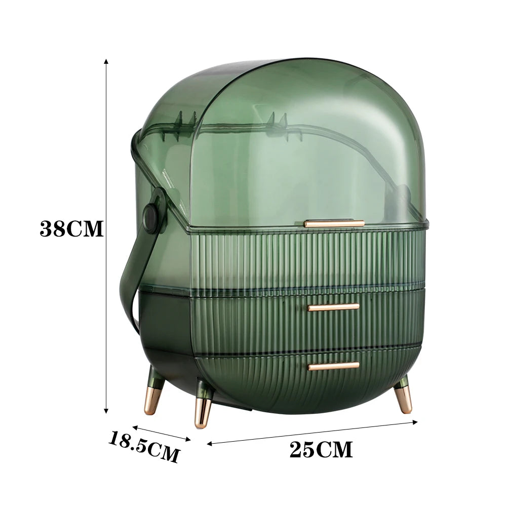 Transparent Green Makeup Organizer with Flip-Top 2 Drawers , Freestanding Large Capacity Cosmetic Storage 25x18.5x38cm