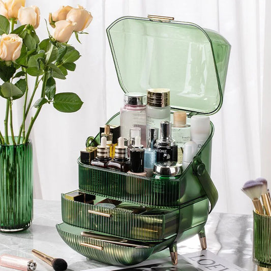 Transparent Green Makeup Organizer with Flip-Top 2 Drawers , Freestanding Large Capacity Cosmetic Storage 25x18.5x38cm