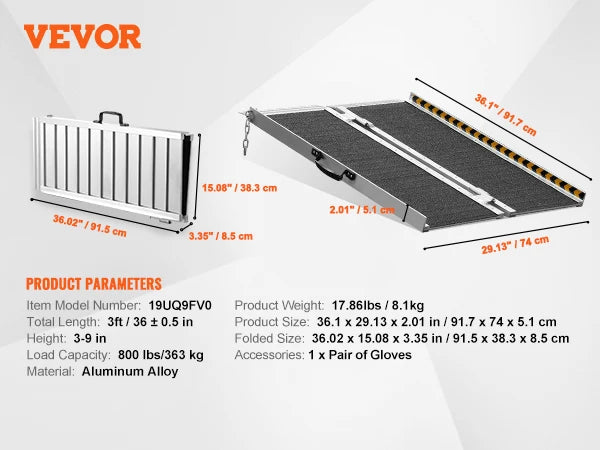 VEVOR Portable Wheelchair Ramp 24/36/48/72in 800 lbs Capacity Non-Slip Aluminum Folding Threshold Ramp Foldable Wheel Chair Ramp