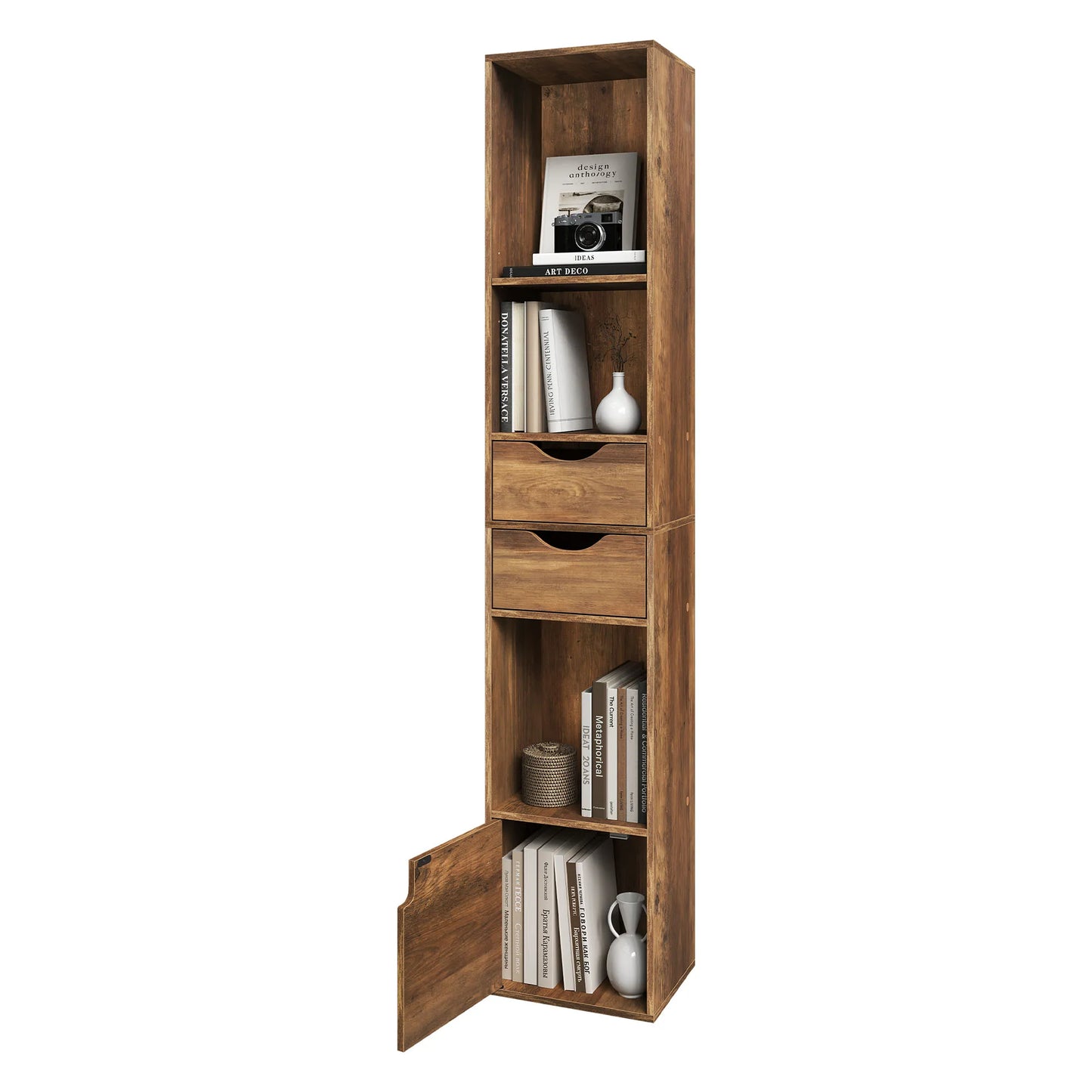 WOLTU Bookcase Standing Shelf with Drawers Door 30x158x24cm Home Office Display Storage Shelves Organizer for Living Room Decor