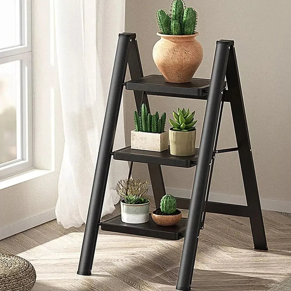 Portable Multifunctional Folding Ladder 3 Step Foldable Step Stool Anti-slip Wide Pedal Ladders Storage Shelf Flower Pot Stand