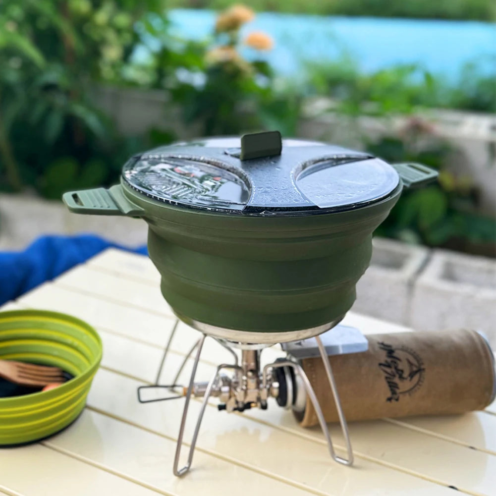 Portable Folding Pot Lunch Box Camping Pot Set with 2 Foldable Bowls Silicone Cooking Food Container Outdoor Camping Tableware