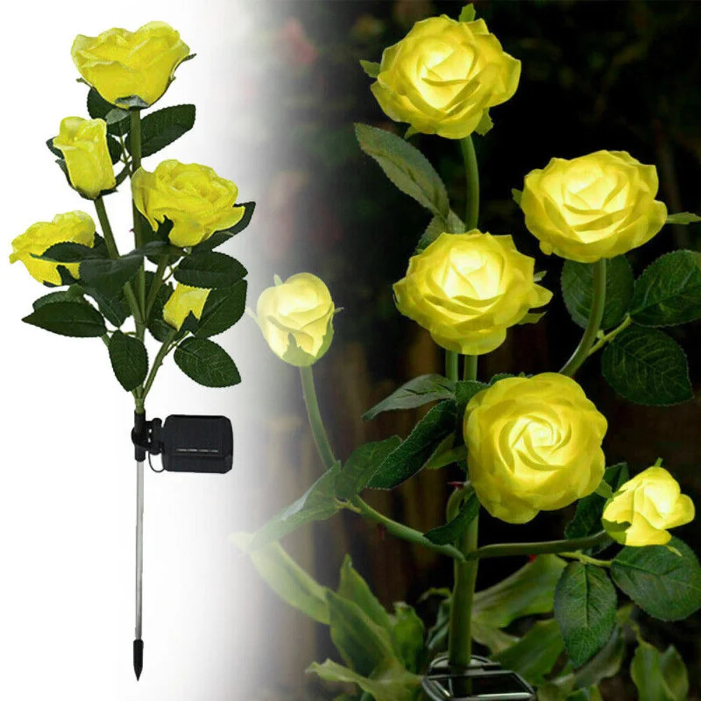 LED Solar Power Yellow Rose Wer Stake Lights Outdoor Garden Path Party Decor