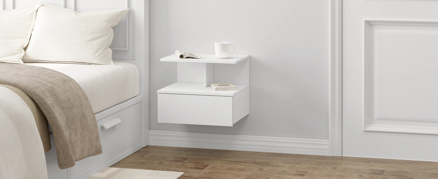 Modern Wooden White/Black Hanging Bedside Table Wall Shelf 40x35x31cm Nightstand with Drawer for Bedroom Home