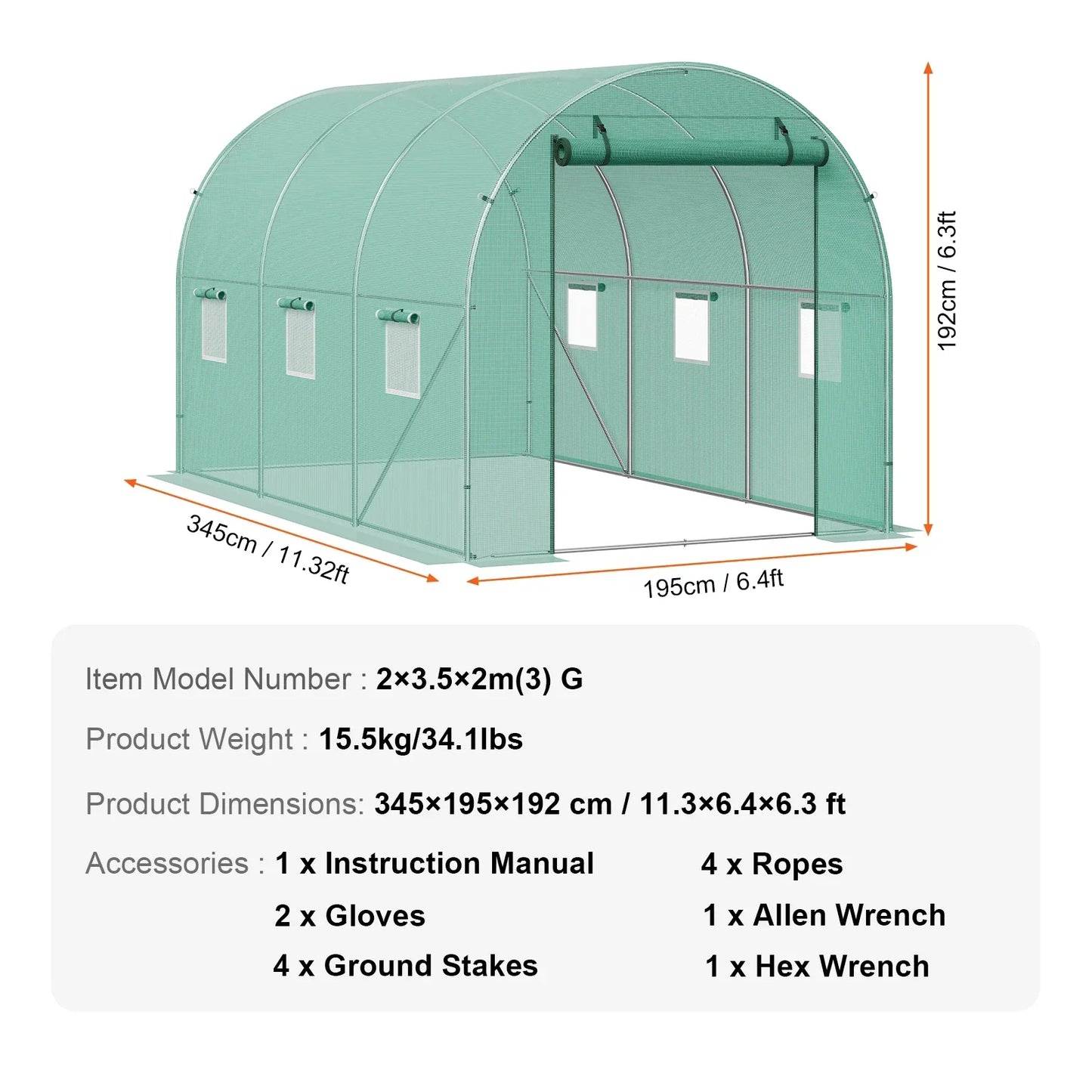 VEVOR Walk-in Tunnel Greenhouse Hoop House Greenhouse Tunnel Plant Hot House with Steel Frame Green PE Cover Roll-up Zipper Door