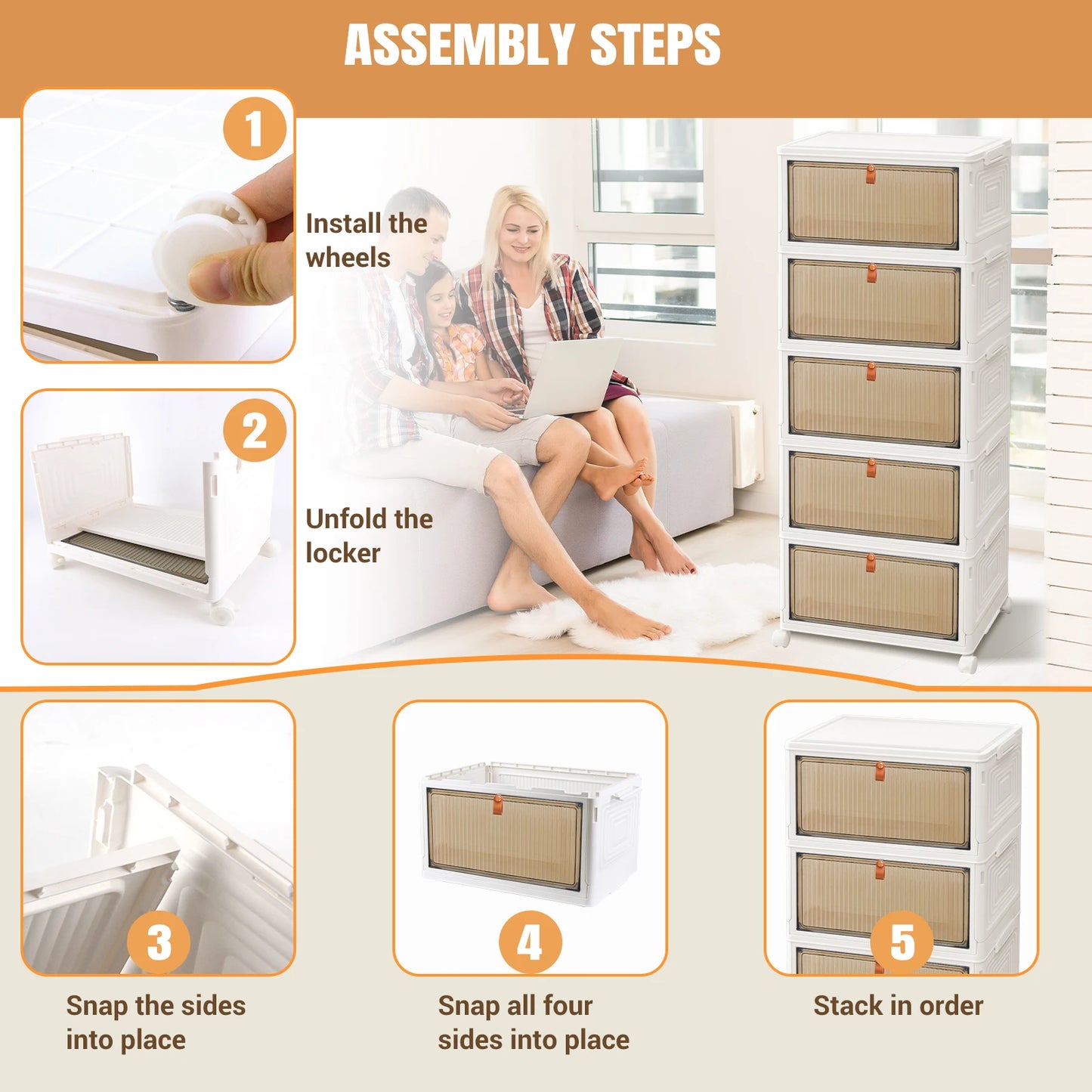 3/4/5 Tier Plastic Storage Boxes with Lid, Stackable Storage Boxes with Wheels for Bedroom Living Room Study Office