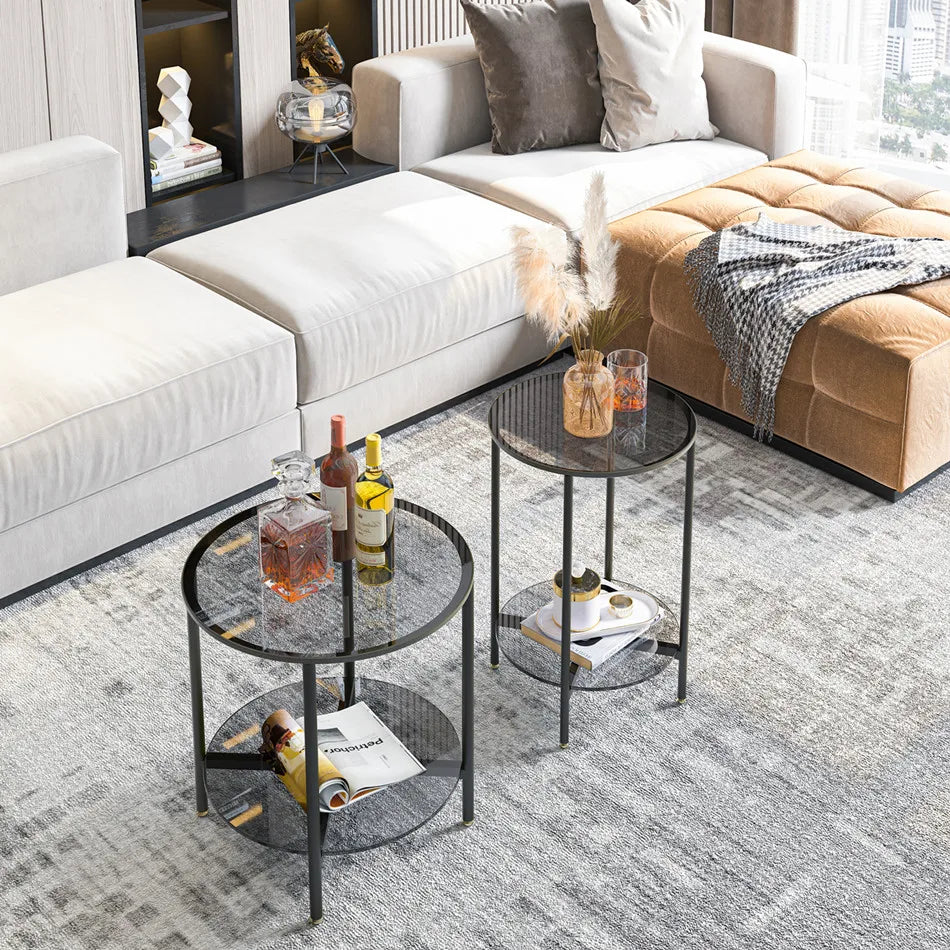 LUVODI Round Tempered Glass Coffee Table Living Room Sofa End Table with 2-tier Storage for Home, Office