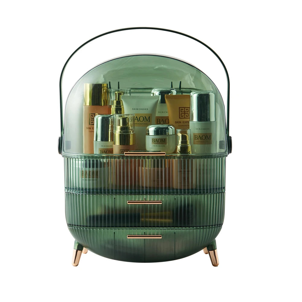 Transparent Green Makeup Organizer with Flip-Top 2 Drawers , Freestanding Large Capacity Cosmetic Storage 25x18.5x38cm