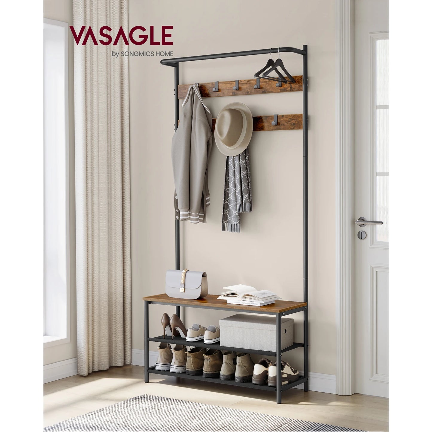 VASAGLE Coat Rack with Shoe Storage, Hall Tree, Coat Stand with Shoe Bench, 9 Movable Hooks, Top Bar, 32.2 x 84 x 180 cm
