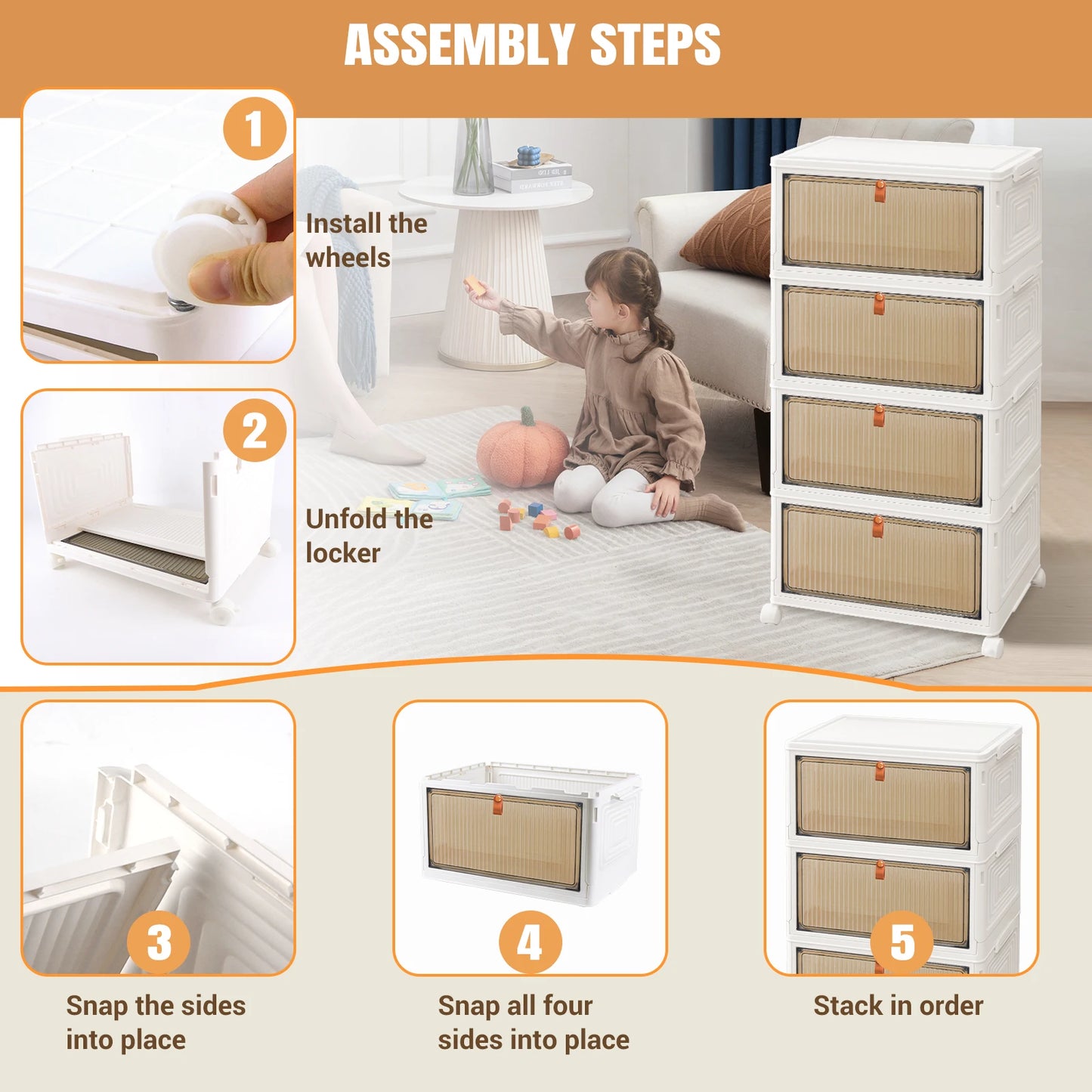 3/4/5 Tier Plastic Storage Boxes with Lid, Stackable Storage Boxes with Wheels for Bedroom Living Room Study Office