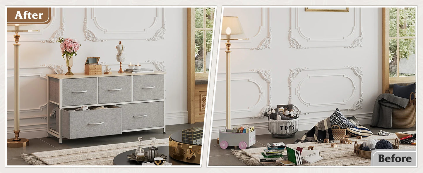Chest of Drawers,5 Fabric Drawers Cabinet with Easy Pull Handle,Wood Top and Sturdy Steel Frame for Bedroom,Living Room