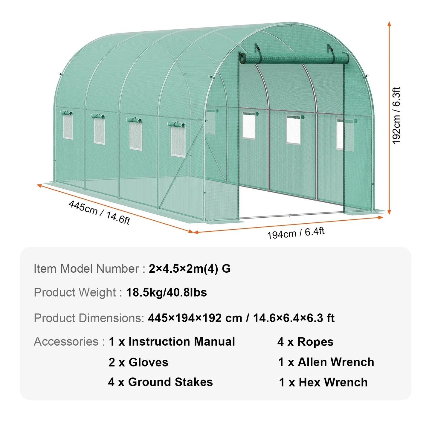 VEVOR Walk-in Tunnel Greenhouse Hoop House Greenhouse Tunnel Plant Hot House with Steel Frame Green PE Cover Roll-up Zipper Door