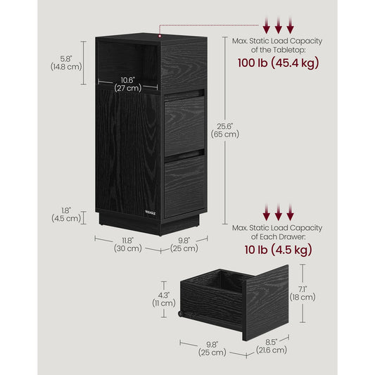 VASAGLE Slim Bedside Table, Small Narrow Side End Table with 2 Drawers, 1 Open Compartment Mounted to Face Left or Right