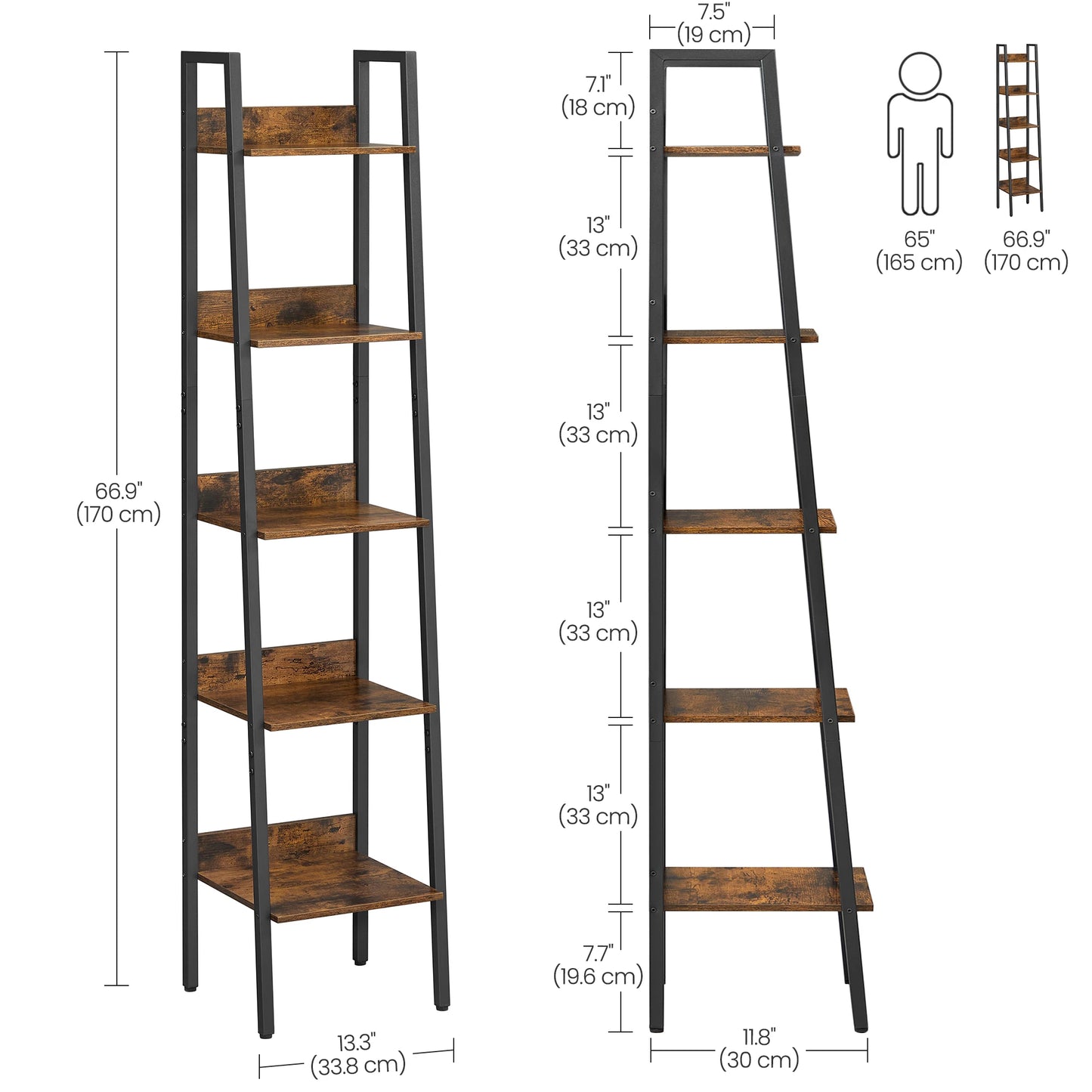 VASAGLE 5 Tier Shelf Ladder Bookcase Storage Stand Office Living Room Bedroom Kitchen Rustic Brown & Black