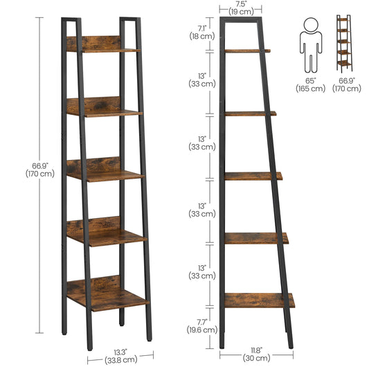 VASAGLE 5 Tier Shelf Ladder Bookcase Storage Stand Office Living Room Bedroom Kitchen Rustic Brown & Black