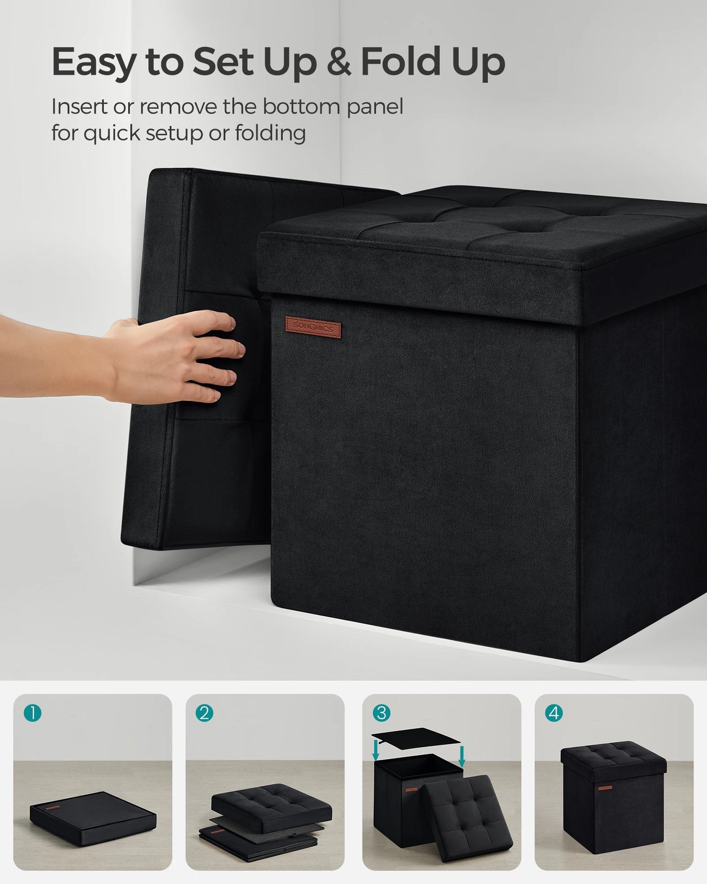 SONGMICS Storage Ottoman, Foldable Small Ottoman Foot Rest, Ottoman with Storage, Load up to 300 kg, for Living Room, Bedroom
