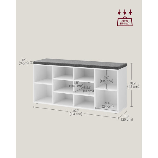 VASAGLE Shoe Bench, Shoe Shelf, Shoe Rack, Storage Cabinet, 10 Compartments, with Cushion, for Entryway, 104 x 30 x 48 cm