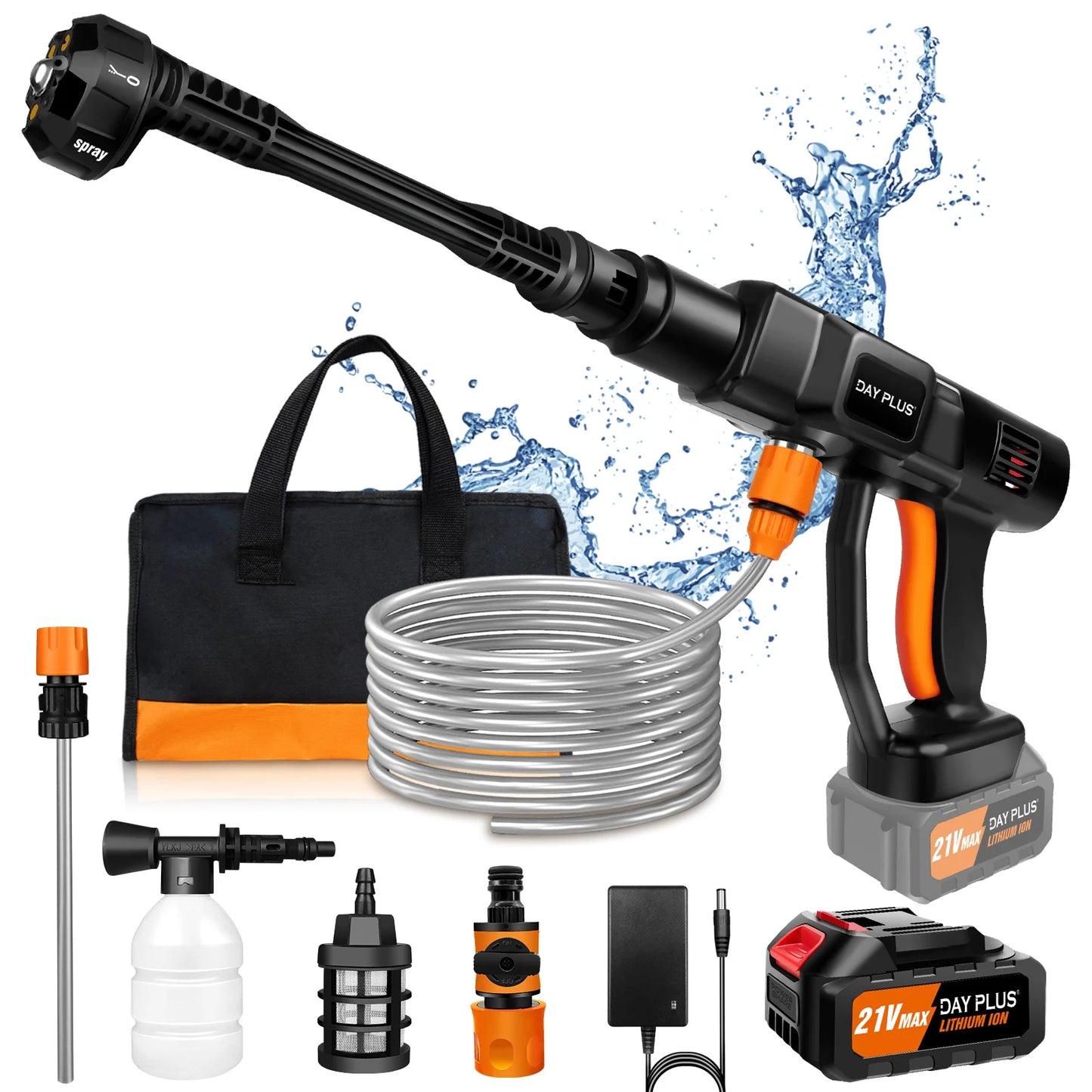 DayPlus Cordless Pressure Washer Portable Power Cars Washer Cleaner 3.0Ah Battery Powered High Pressure for Garden Floor,150BAR