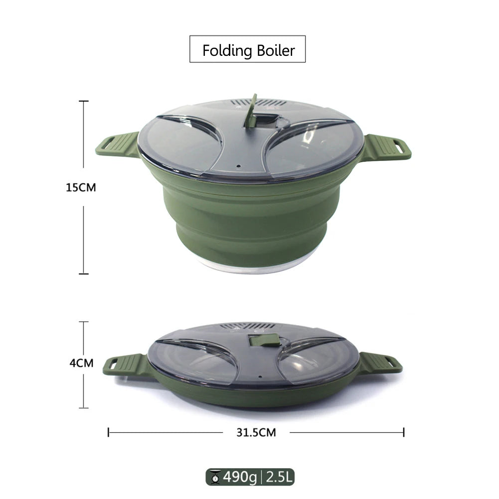 Portable Folding Pot Lunch Box Camping Pot Set with 2 Foldable Bowls Silicone Cooking Food Container Outdoor Camping Tableware