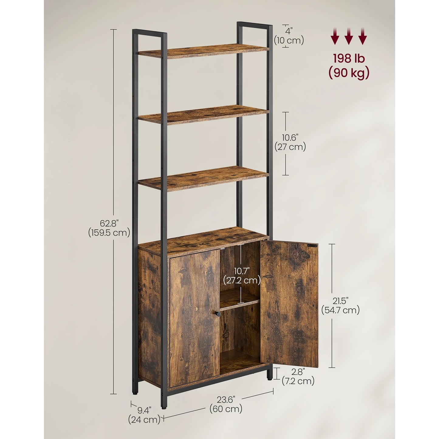VASAGLE 6-Tier Bookcase, Tall Bookshelf with Door, Metal Frame, Adjustable Shelves, 24 x 60 x 159.5 cm