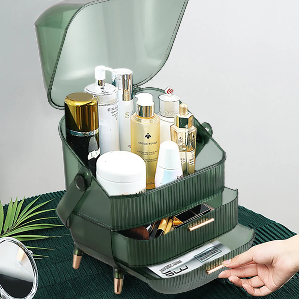 Transparent Green Makeup Organizer with Flip-Top 2 Drawers , Freestanding Large Capacity Cosmetic Storage 25x18.5x38cm