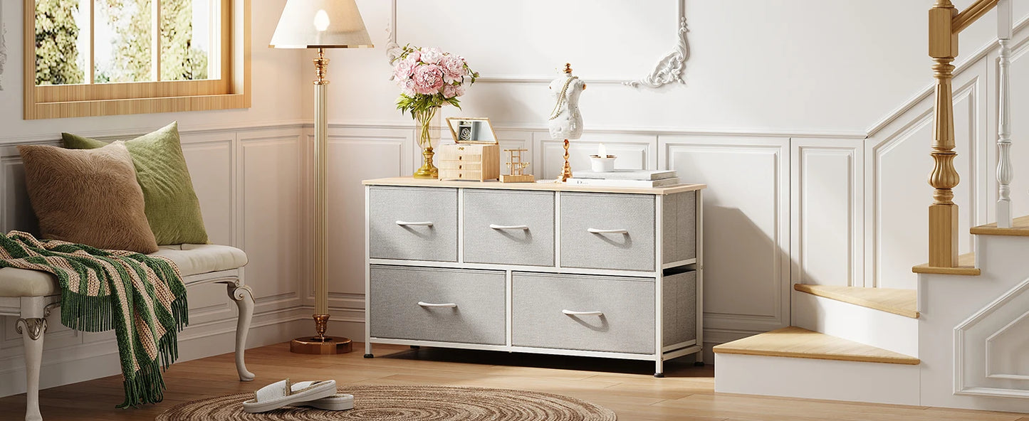 Chest of Drawers,5 Fabric Drawers Cabinet with Easy Pull Handle,Wood Top and Sturdy Steel Frame for Bedroom,Living Room