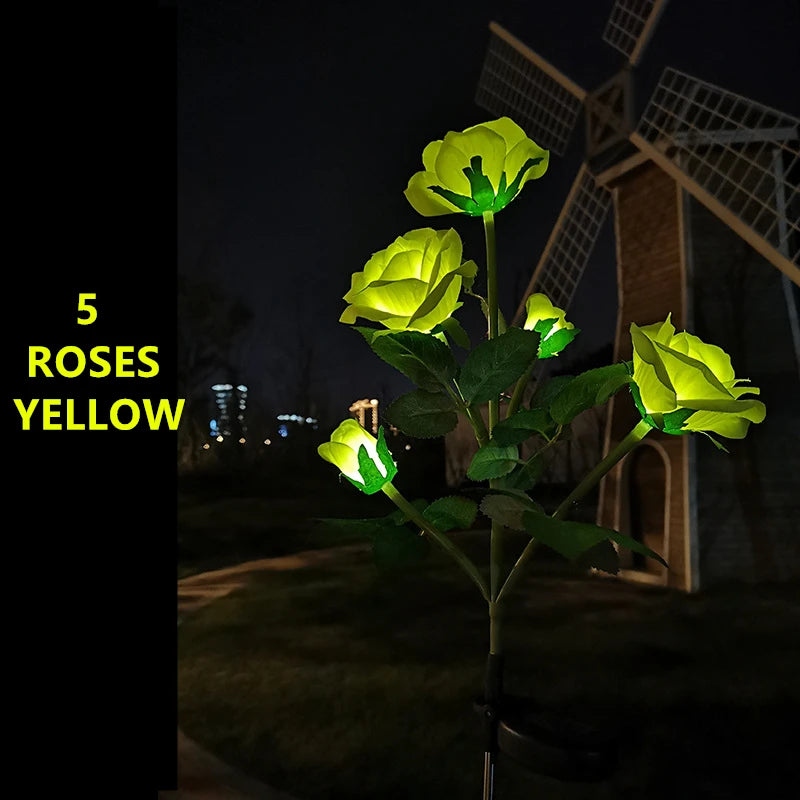 LED Solar Power Yellow Rose Wer Stake Lights Outdoor Garden Path Party Decor