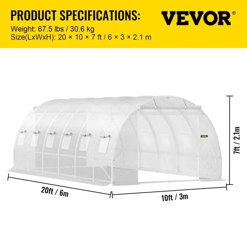 VEVOR Walk-in Tunnel Greenhouse Galvanized Frame & Waterproof Cover 15x7x7/10x7x7/20x10x7/12x7x7 ft Greenhouses & Cold Frames