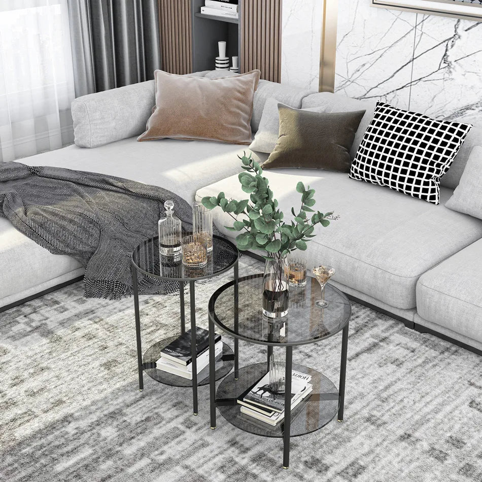 LUVODI Round Tempered Glass Coffee Table Living Room Sofa End Table with 2-tier Storage for Home, Office
