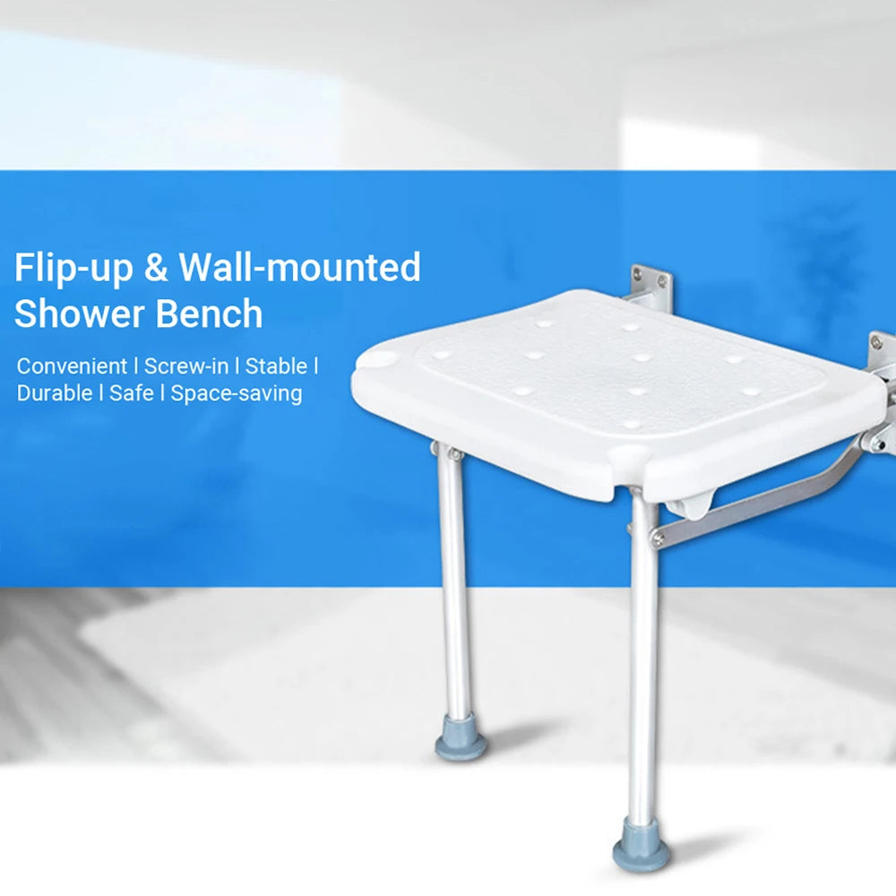 Wall Mounted Shower Seats Folding Shower Bench Bathroom Chair Stool with Non-slip Feet Drainage Holes For Elderly Disabled