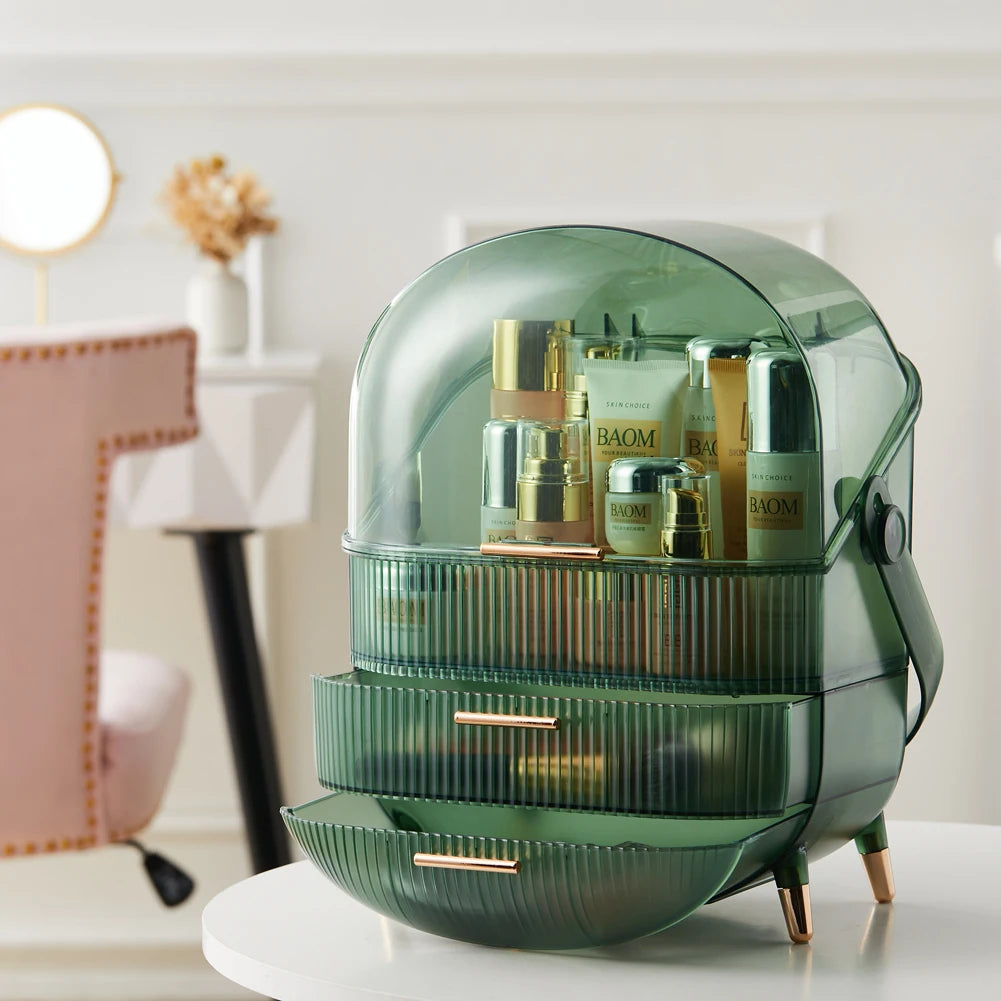 Transparent Green Makeup Organizer with Flip-Top 2 Drawers , Freestanding Large Capacity Cosmetic Storage 25x18.5x38cm