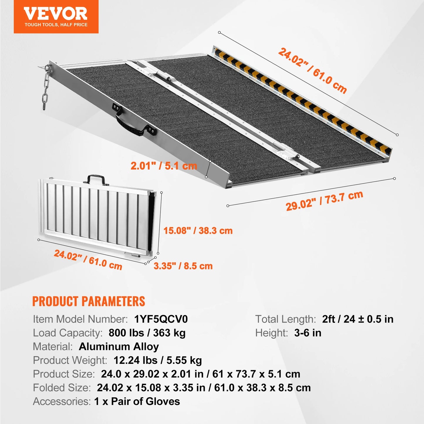 VEVOR Portable Wheelchair Ramp 24/36/48/72in 800 lbs Capacity Non-Slip Aluminum Folding Threshold Ramp Foldable Wheel Chair Ramp
