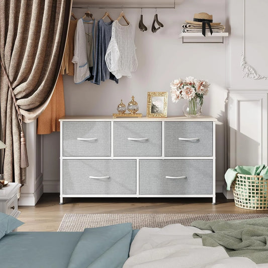 Chest of Drawers,5 Fabric Drawers Cabinet with Easy Pull Handle,Wood Top and Sturdy Steel Frame for Bedroom,Living Room