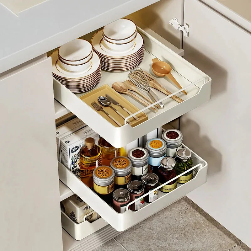 Kitchen Storage Box with Sliding Rail Pull-out Cabinet Storage Rack Spice Pantry Shelves Drawer Kitchen Organizer Basket