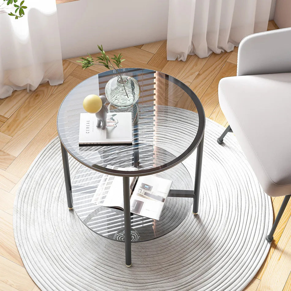 LUVODI Round Tempered Glass Coffee Table Living Room Sofa End Table with 2-tier Storage for Home, Office