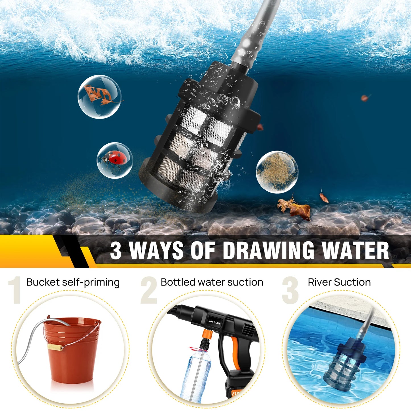 DayPlus Cordless Pressure Washer Portable Power Cars Washer Cleaner 3.0Ah Battery Powered High Pressure for Garden Floor,150BAR