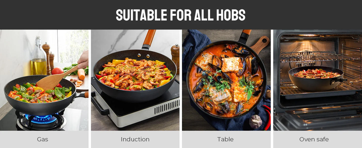 Induction Wok Pan Nonstick, Stir-Fry Wok 30cm with Wooden Handle, Flat Bottom, Suitable for All Hobs, Granite