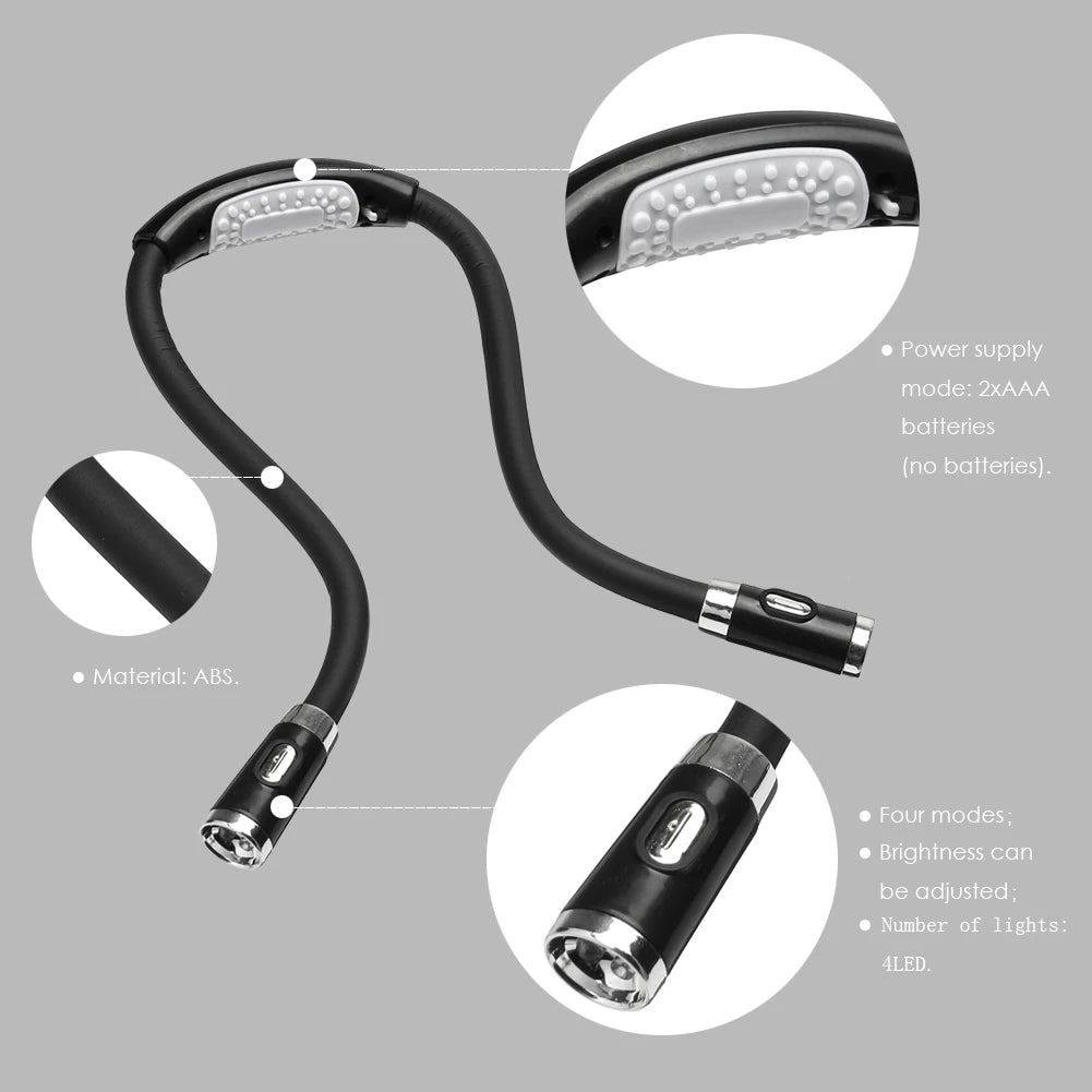 4LED Neck Reading Light Flexible Hug Neck Lamp Torch 2xAAA Batteries Book Lights 4 Modes Camping Lamp Flashlight Headlight