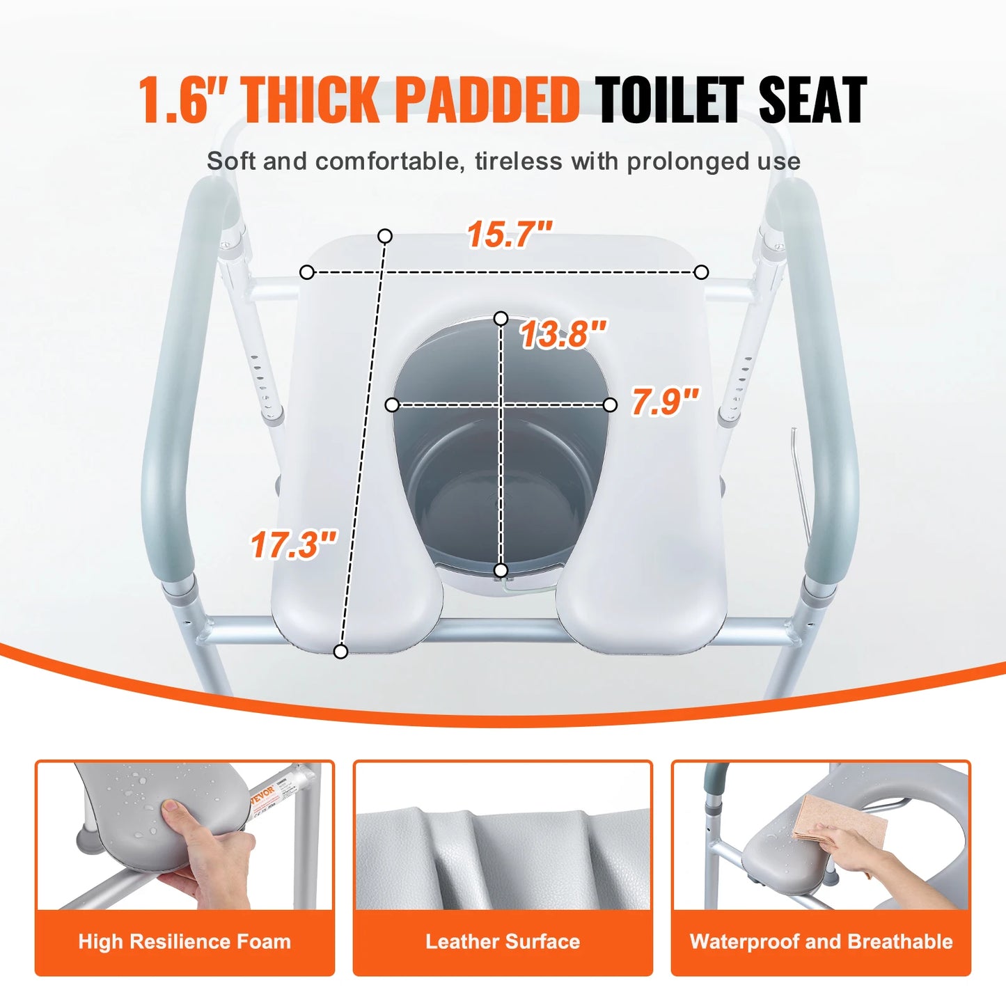 VEVOR Commode Chair Bedside Commode with Padded Seat and Arms, 7-Level Adjustable Height 5.8L Removable Bucket Easy to Assemble