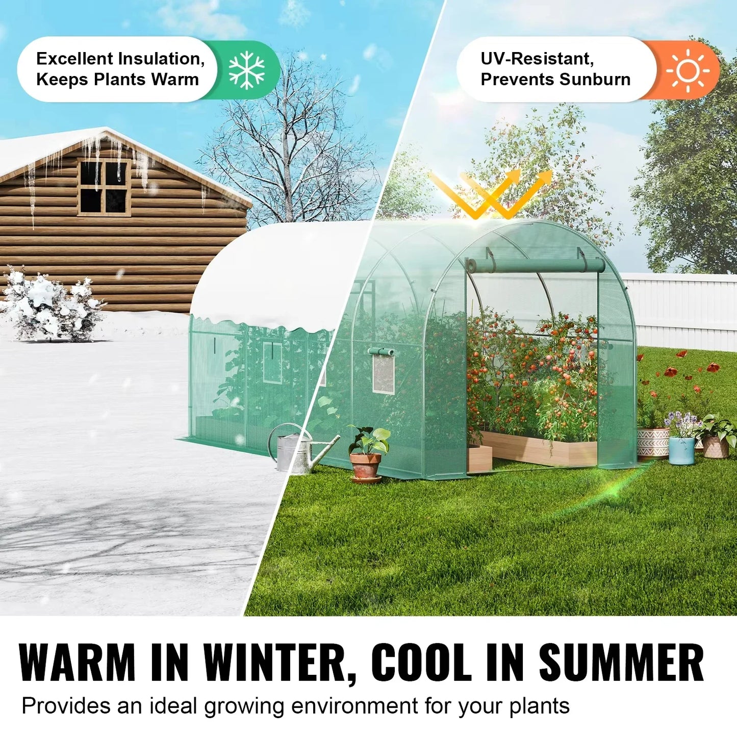 VEVOR Walk-in Tunnel Greenhouse Hoop House Greenhouse Tunnel Plant Hot House with Steel Frame Green PE Cover Roll-up Zipper Door