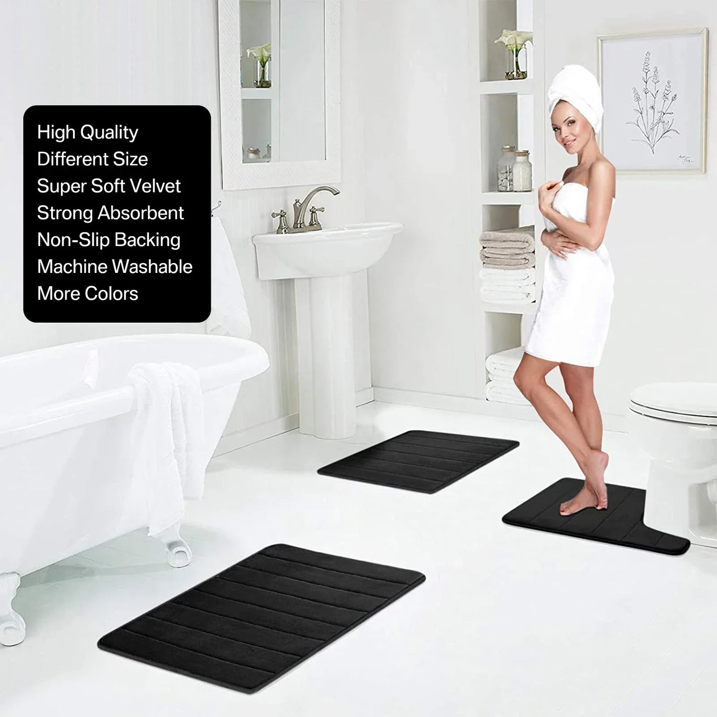 Black Memory Foam Bath Mat Soft Comfortable Super Water Absorption Non-Slip Thick Machine Washable Easy to Dry Home Floor Rug