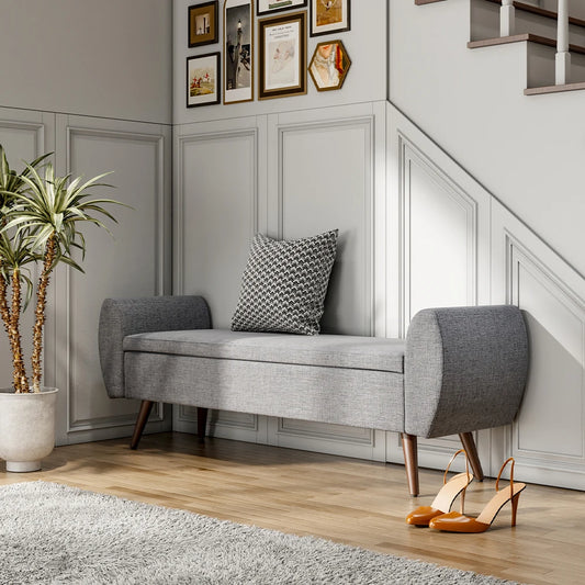 Linen Upholstered Modern Living Room Comfortable Multifunctional Storage Bench, Beige &Grey