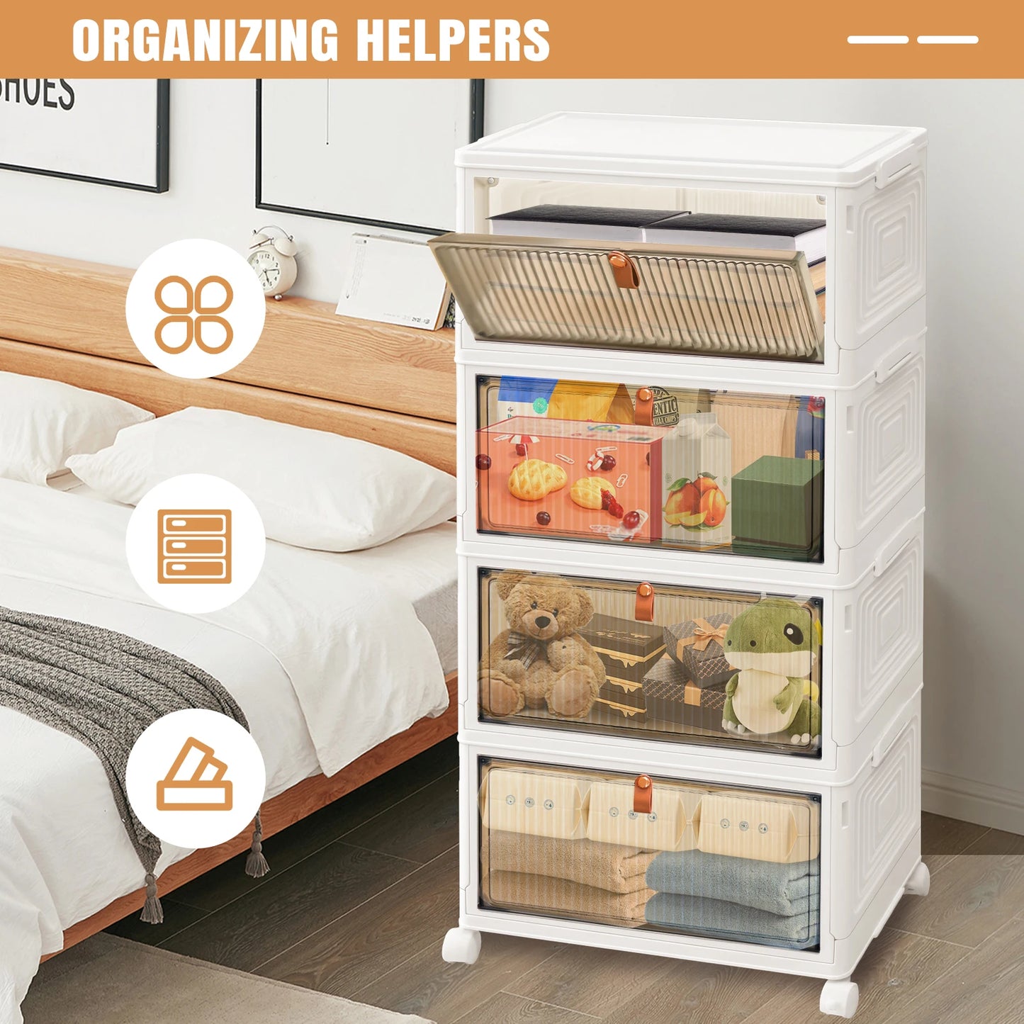 3/4/5 Tier Plastic Storage Boxes with Lid, Stackable Storage Boxes with Wheels for Bedroom Living Room Study Office